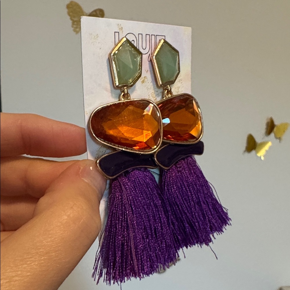 Purple and Orange Statement Fringe Earrings - Picture 2 of 3
